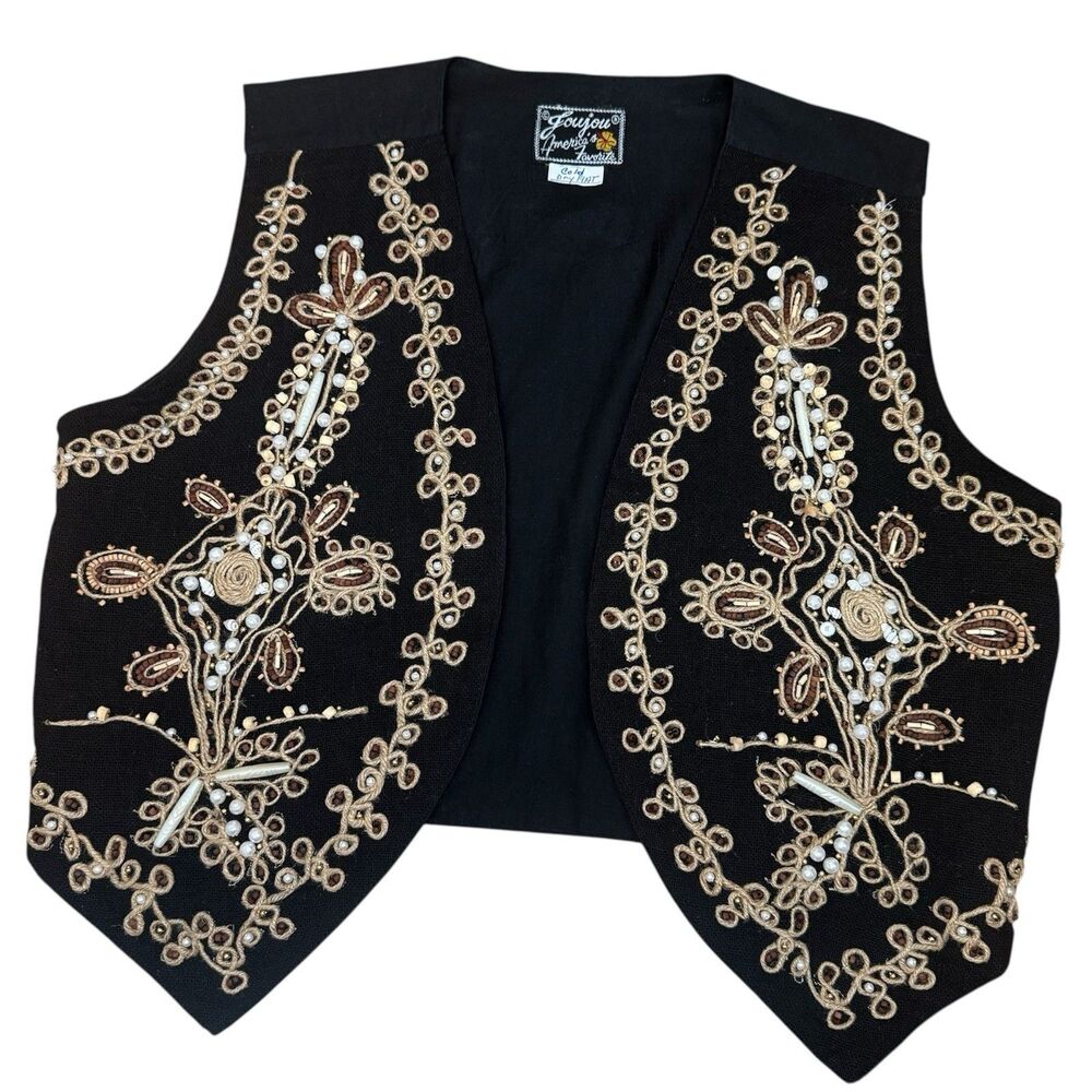 Vintage JouJou Boho Embroidered Beaded Festival Vest Black